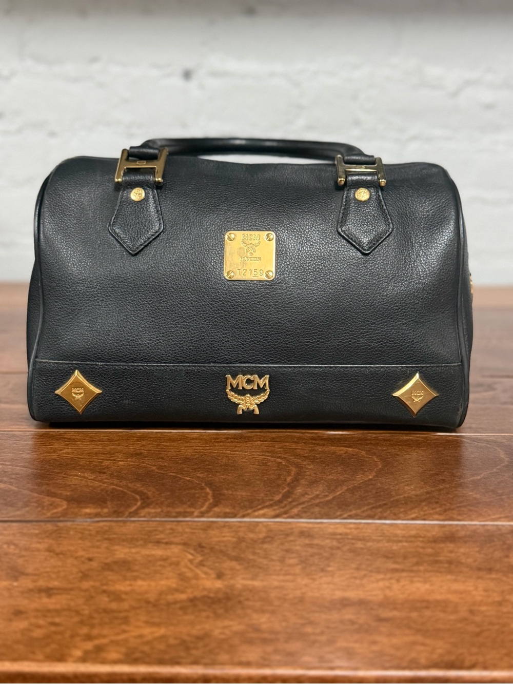 MCM Visetos Black Pebbled Leather Boston Bag